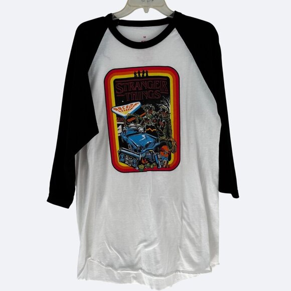 Stranger Things Baseball Tee Size Medium Arcade Cotton Netflix White Black - Picture 1 of 5